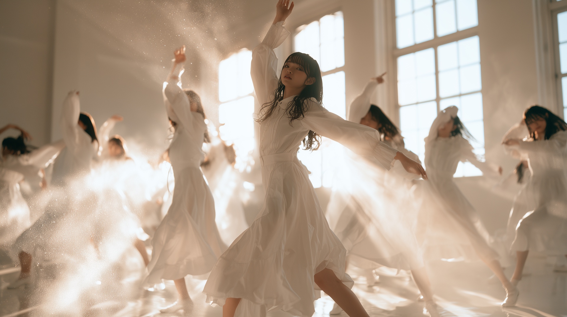 白い稽古場で踊る少女たちのイメージ